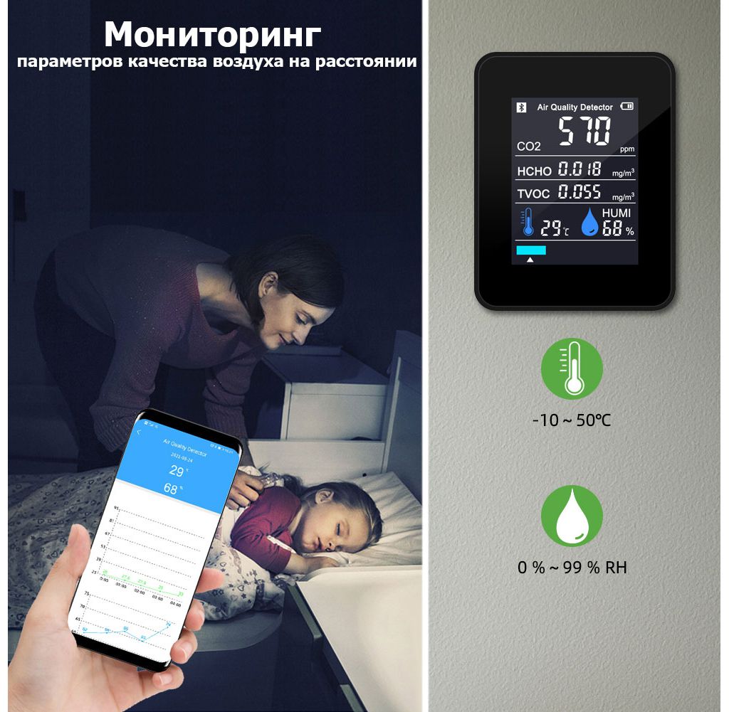 Купить Amtast Анализатор качества воздуха 5 параметров  CO2/HCHO/TVOC/RH/Temp c Bluetooth и приложением для Android, цена